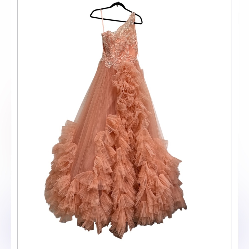 Mac Duggal One-Shoulder Coral Peach Ruffled Tulle Gown